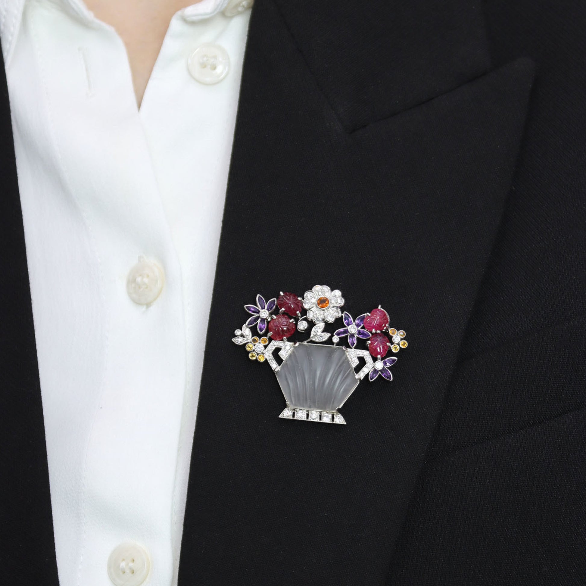 London 1930s Platinum Ruby, Amethyst, Citrine & Diamond Flower Brooch on lapel