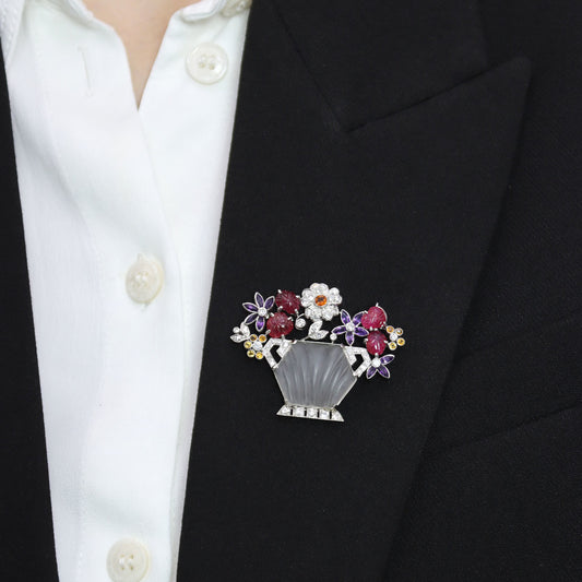 London 1930s Platinum Ruby, Amethyst, Citrine & Diamond Flower Brooch on lapel