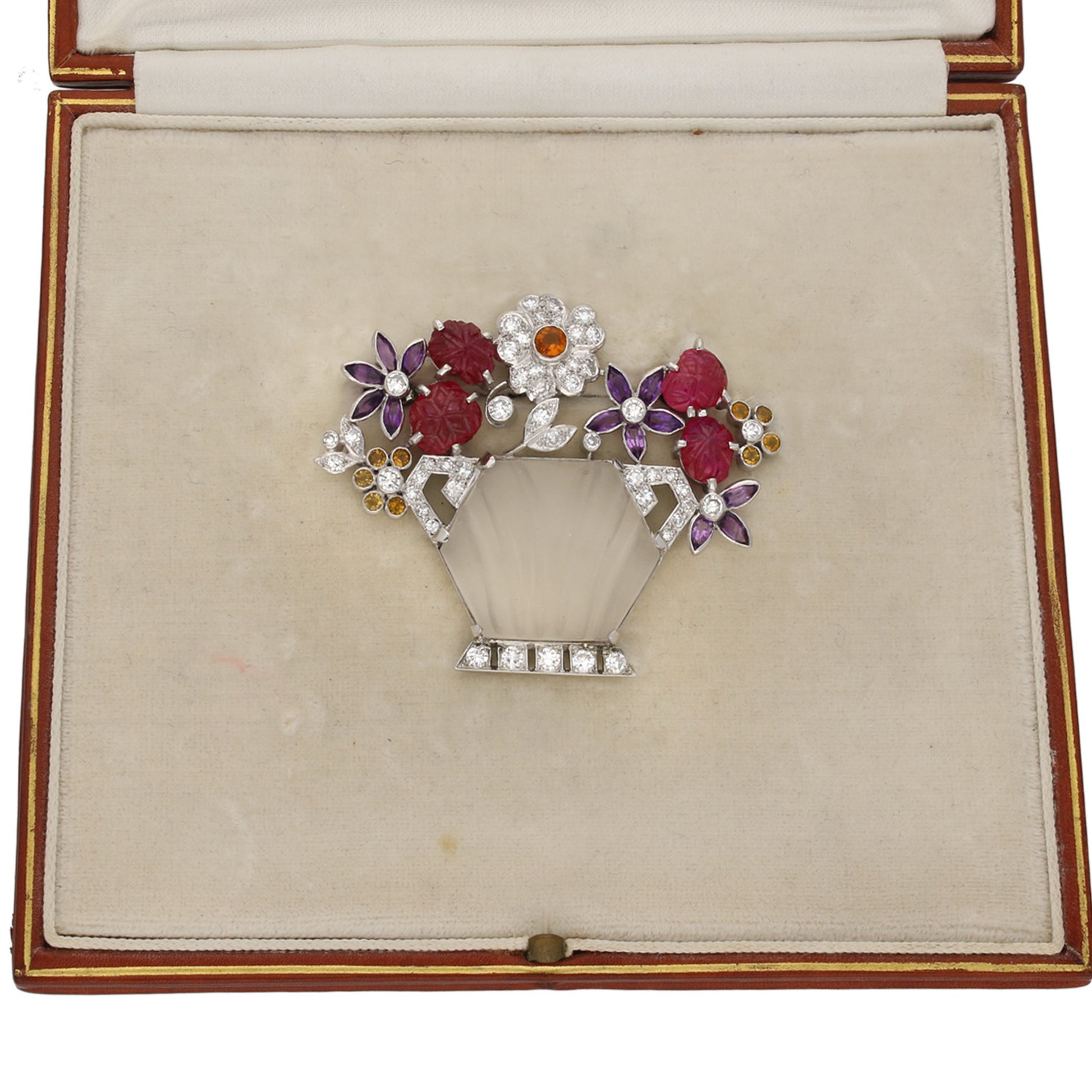 London 1930s Platinum Ruby, Amethyst, Citrine & Diamond Flower Brooch in box