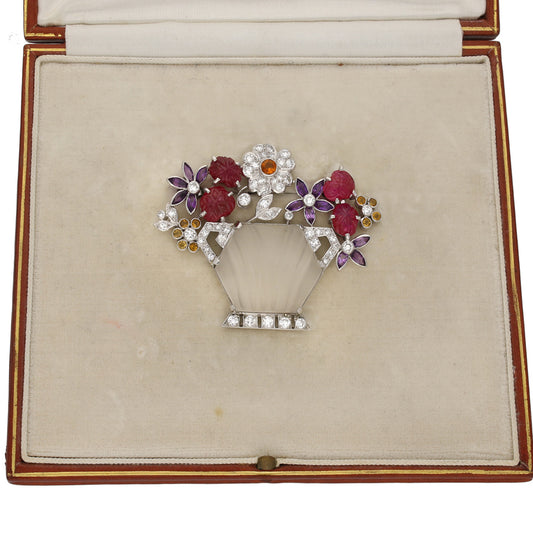 London 1930s Platinum Ruby, Amethyst, Citrine & Diamond Flower Brooch in box