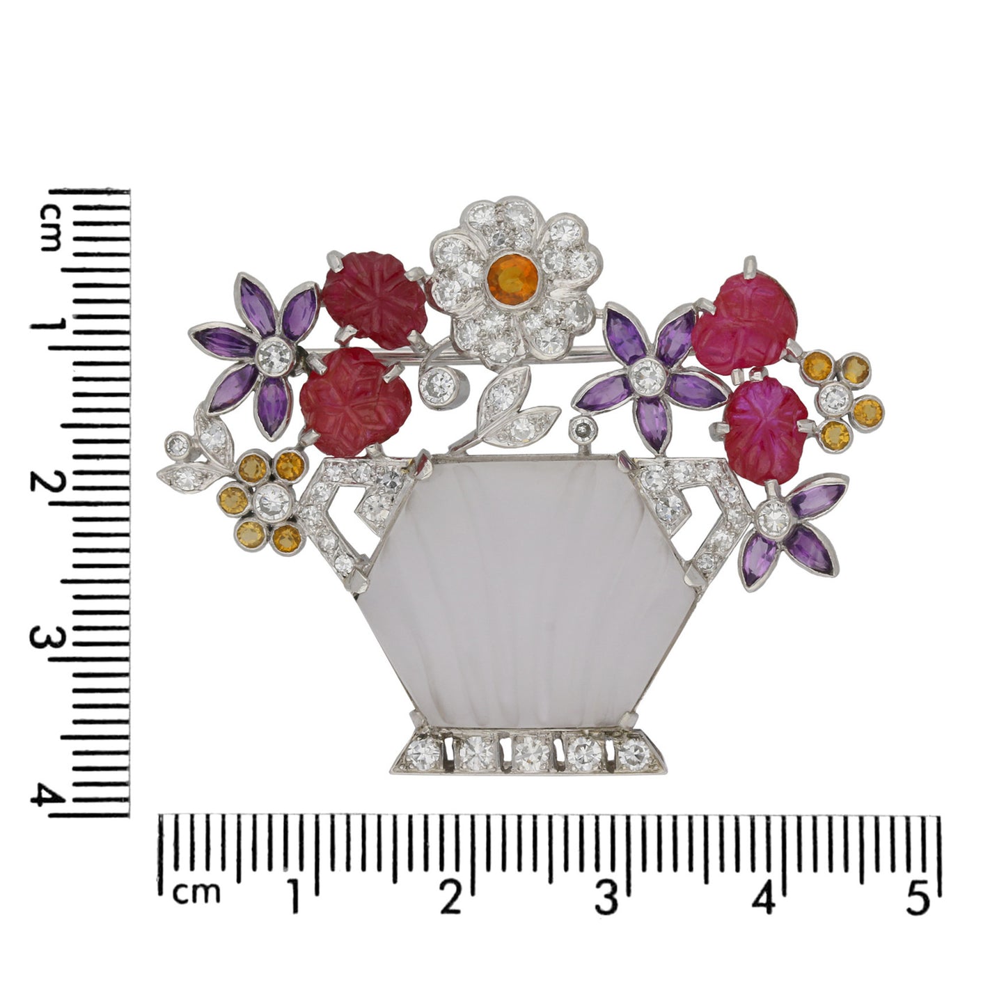 London 1930s Platinum Ruby, Amethyst, Citrine & Diamond Flower Brooch measurements