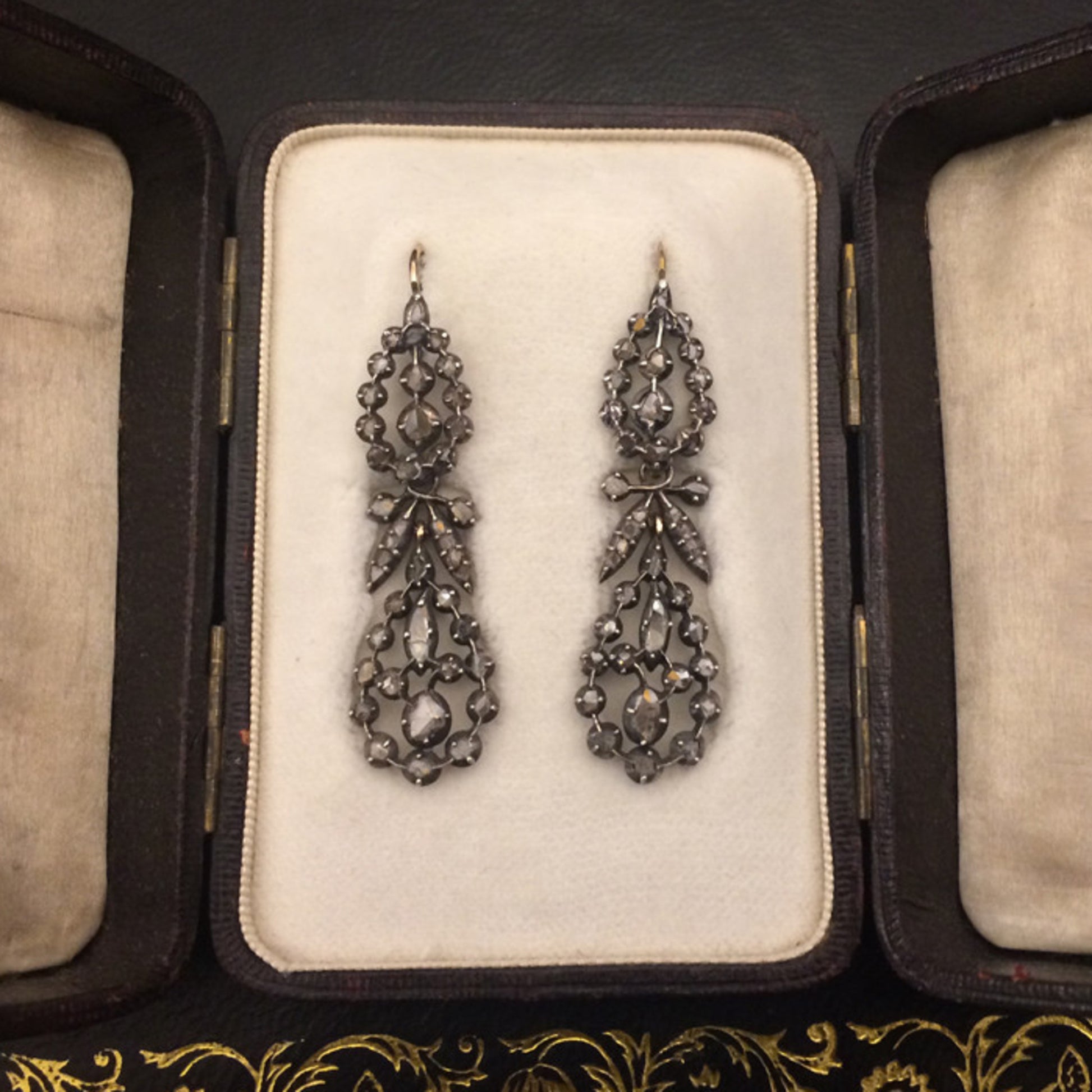 English Victorian Silver & 18KT Yellow Gold Diamond Earrings in box