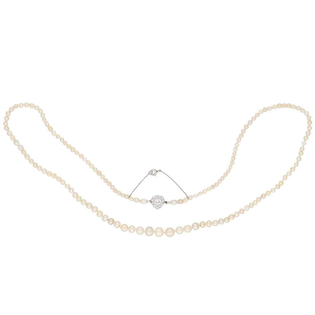 Edwardian Platinum Natural Pearl & Diamond Necklace front