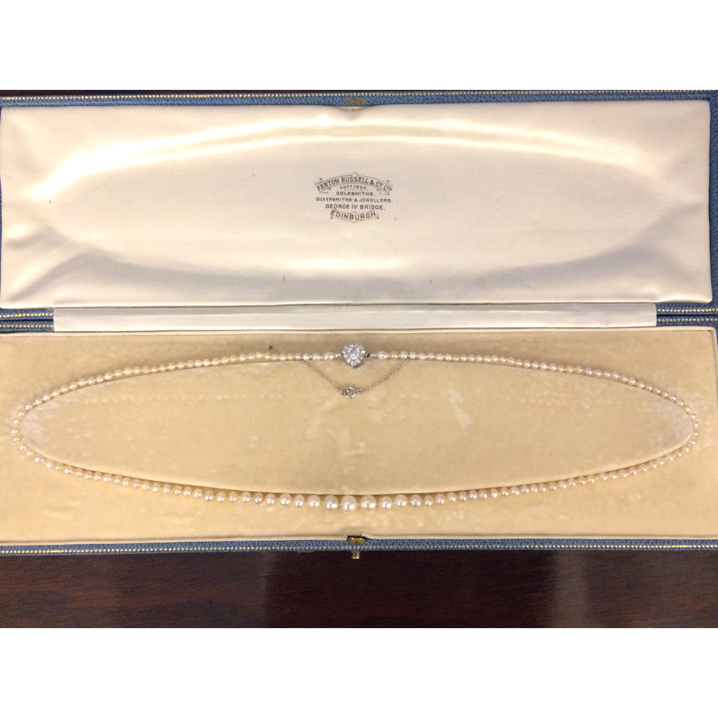 Edwardian Platinum Natural Pearl & Diamond Necklace in box