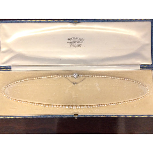 Edwardian Platinum Natural Pearl & Diamond Necklace in box