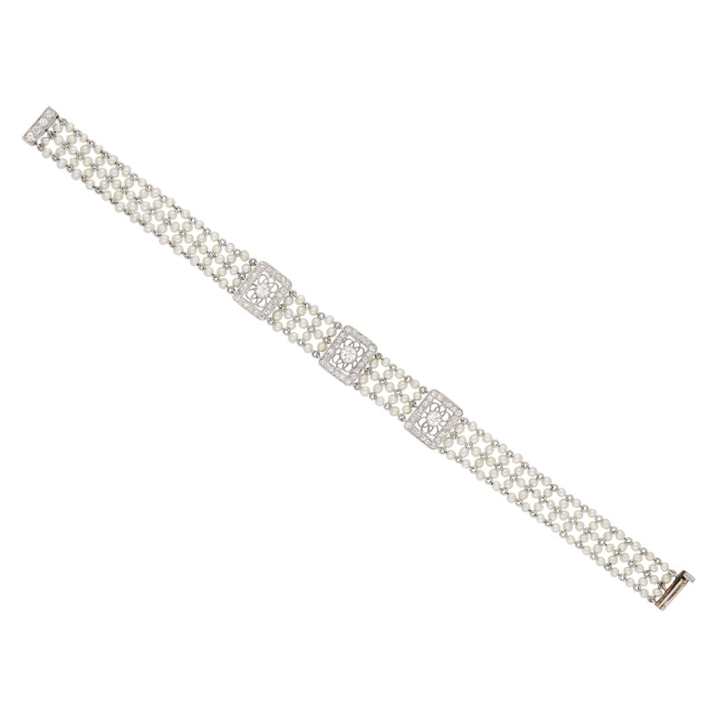 Edwardian Platinum Natural Pearl & Diamond Bracelet front