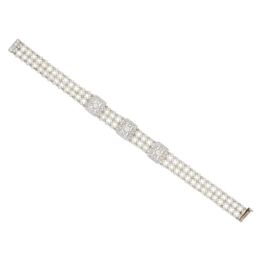 Edwardian Platinum Natural Pearl & Diamond Bracelet front
