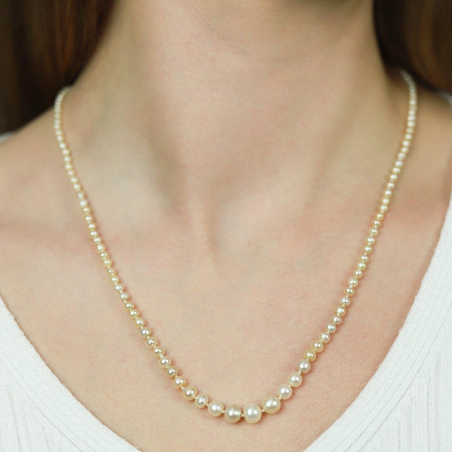 Edwardian Platinum Natural Pearl & Diamond Necklace on neck