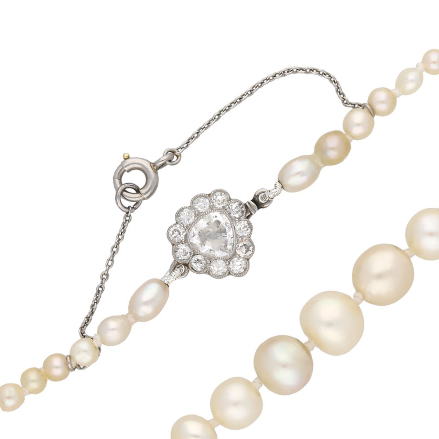 Edwardian Platinum Natural Pearl & Diamond Necklace clasp