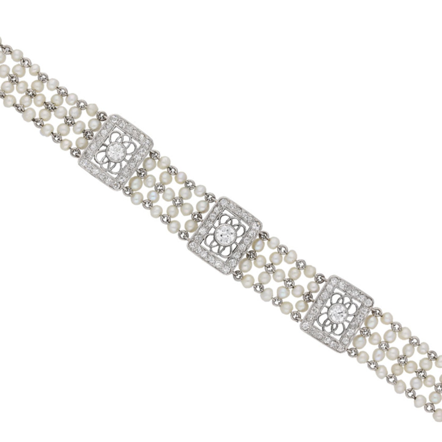 Edwardian Platinum Natural Pearl & Diamond Bracelet front