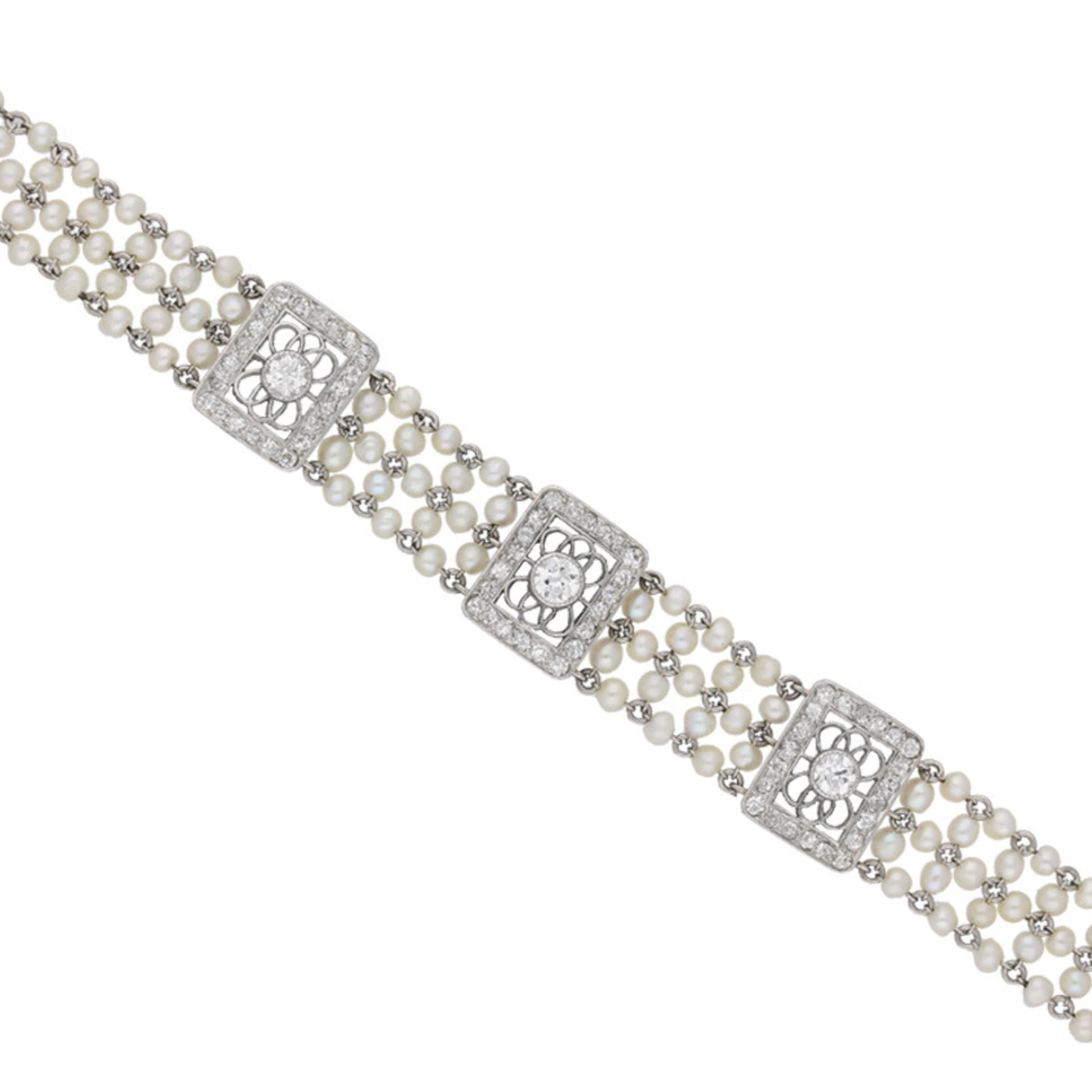 Edwardian Platinum Natural Pearl & Diamond Bracelet front