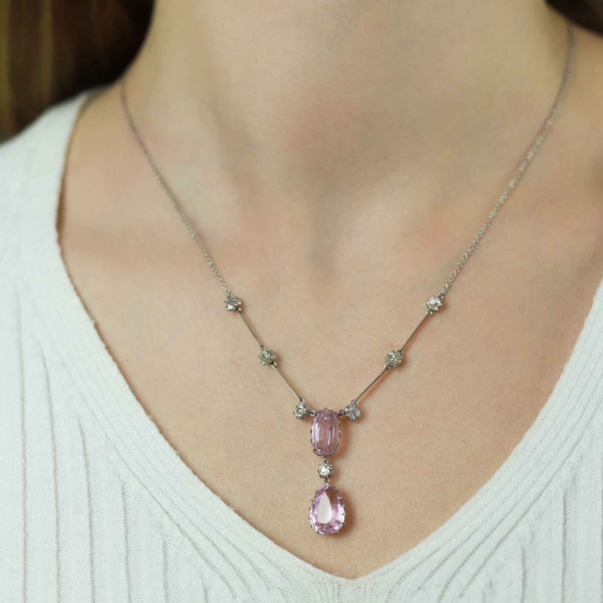 Art Deco Platinum Kunzite & Diamond Necklace on neck