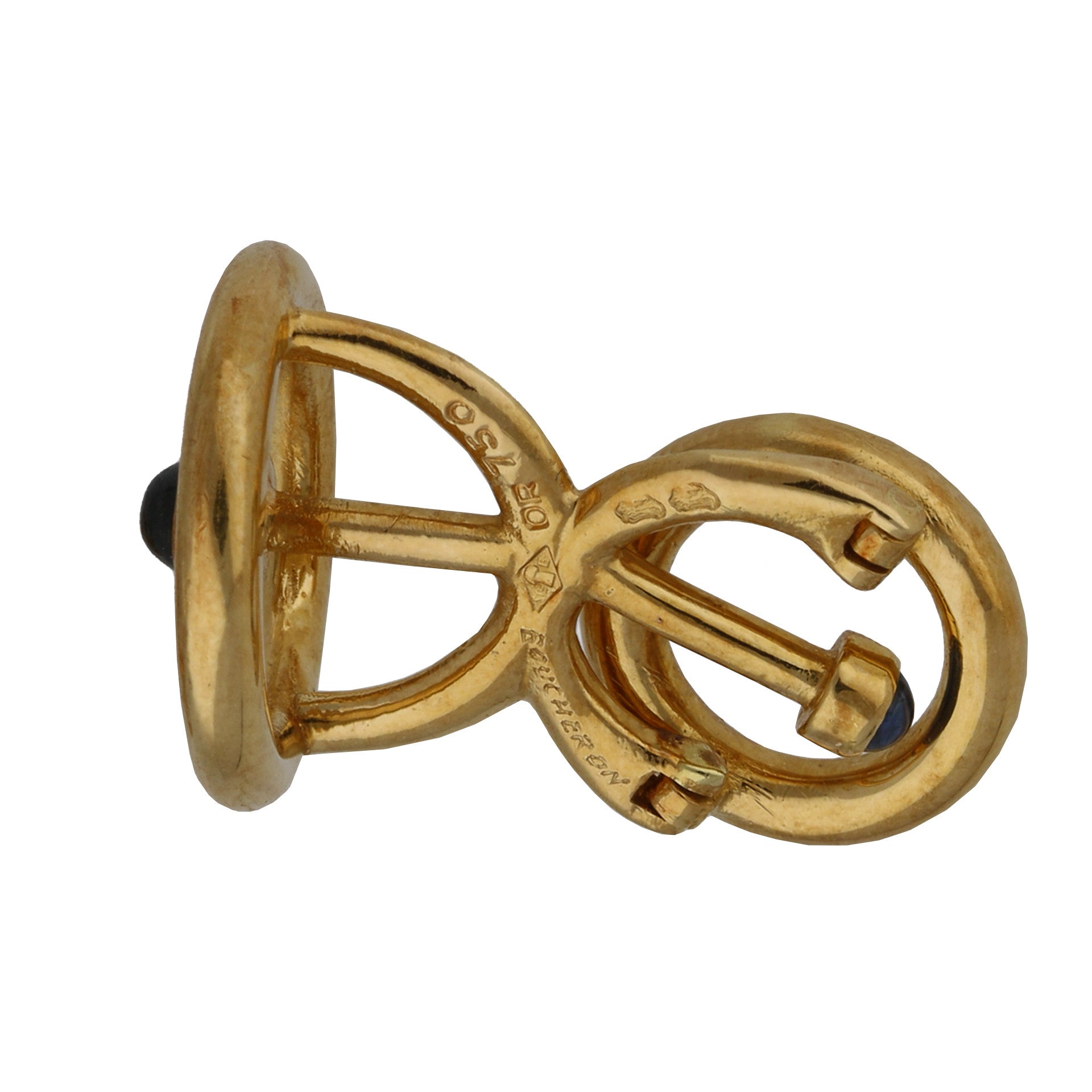 Boucheron French 1970s 18KT Yellow Gold Sapphire Cufflinks profile and signature