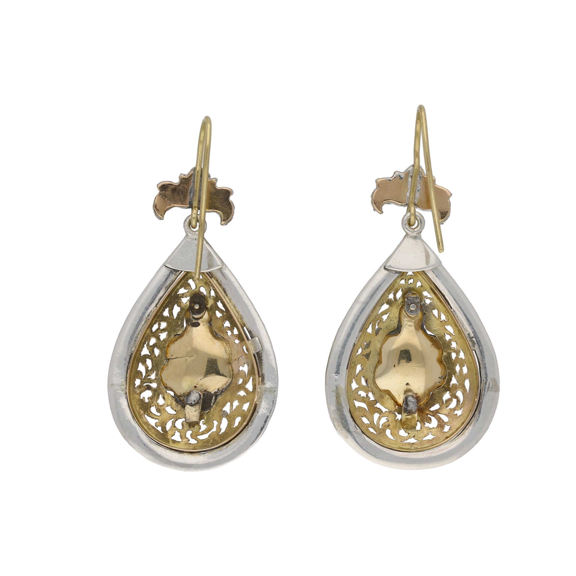 Victorian Silver & 18KT Yellow Gold Diamond Earrings back