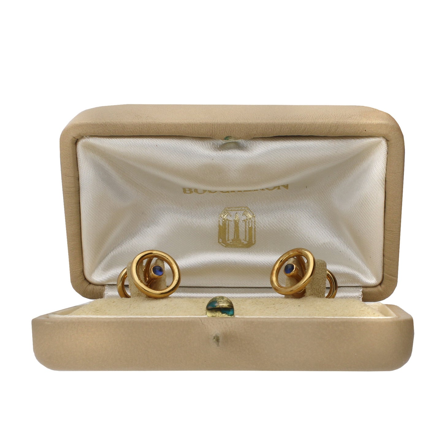 Boucheron French 1970s 18KT Yellow Gold Sapphire Cufflinks in box