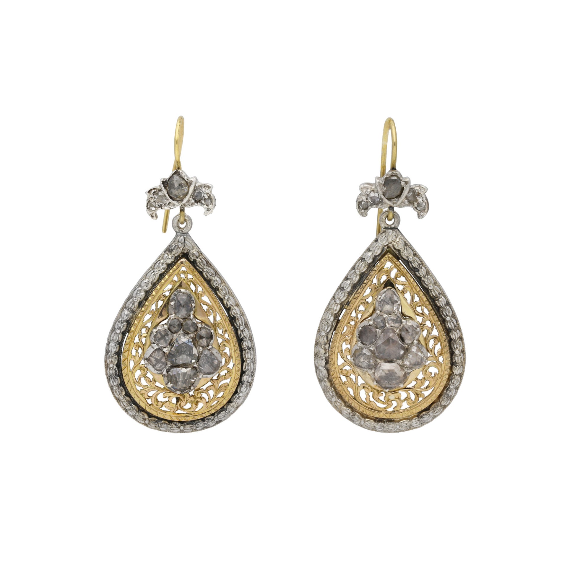 Victorian Silver & 18KT Yellow Gold Diamond Earrings front