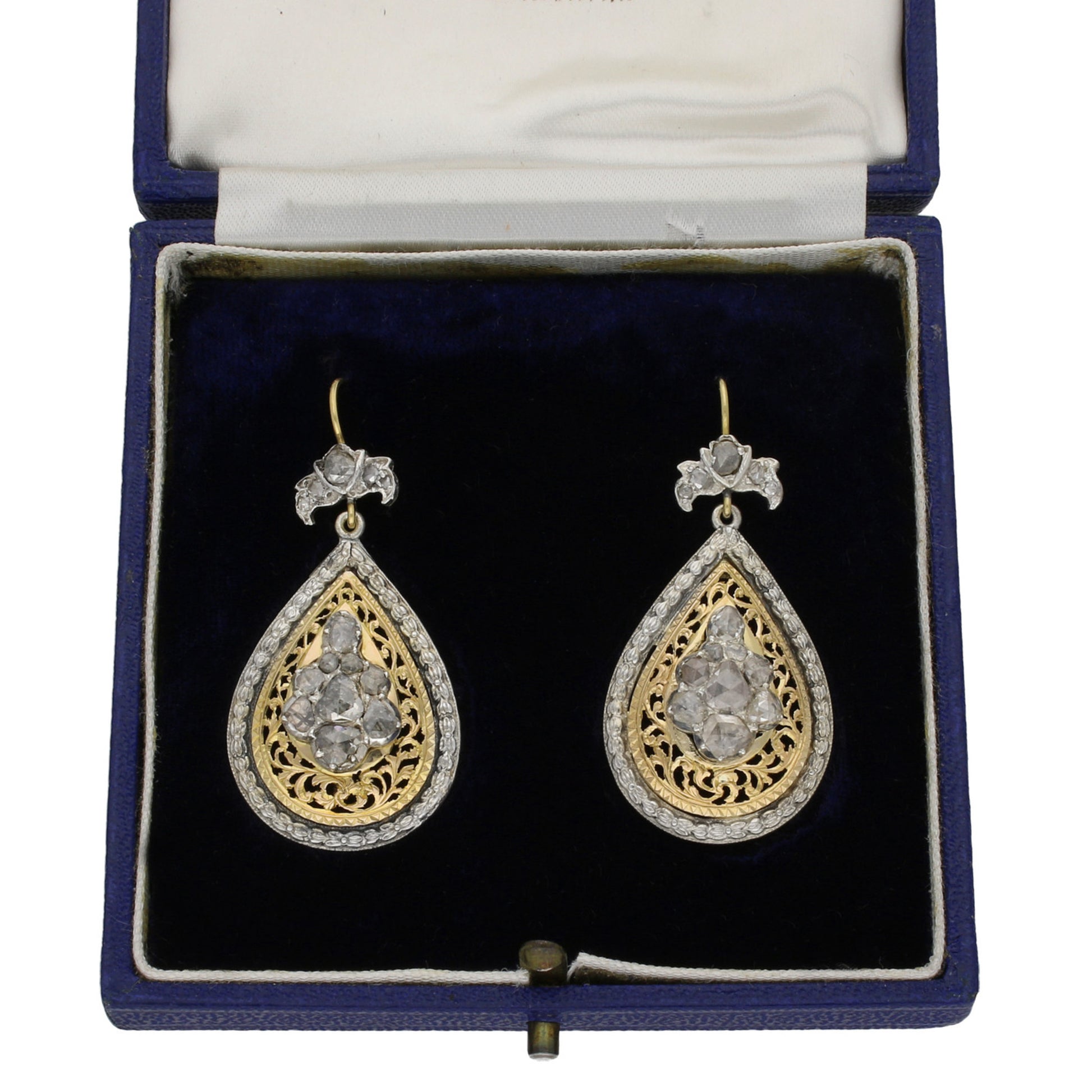 Victorian Silver & 18KT Yellow Gold Diamond Earrings in box