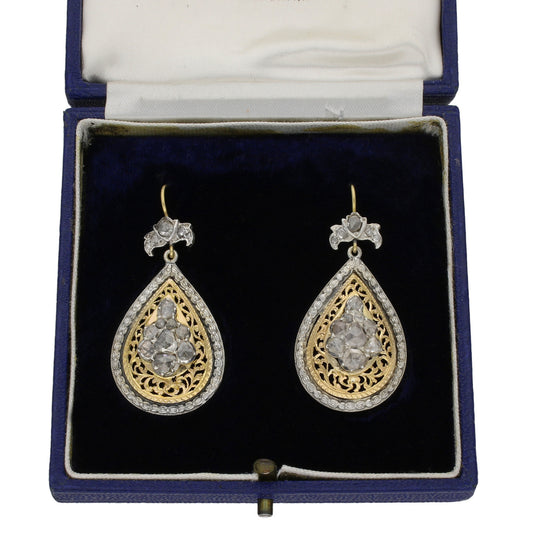 Victorian Silver & 18KT Yellow Gold Diamond Earrings in box