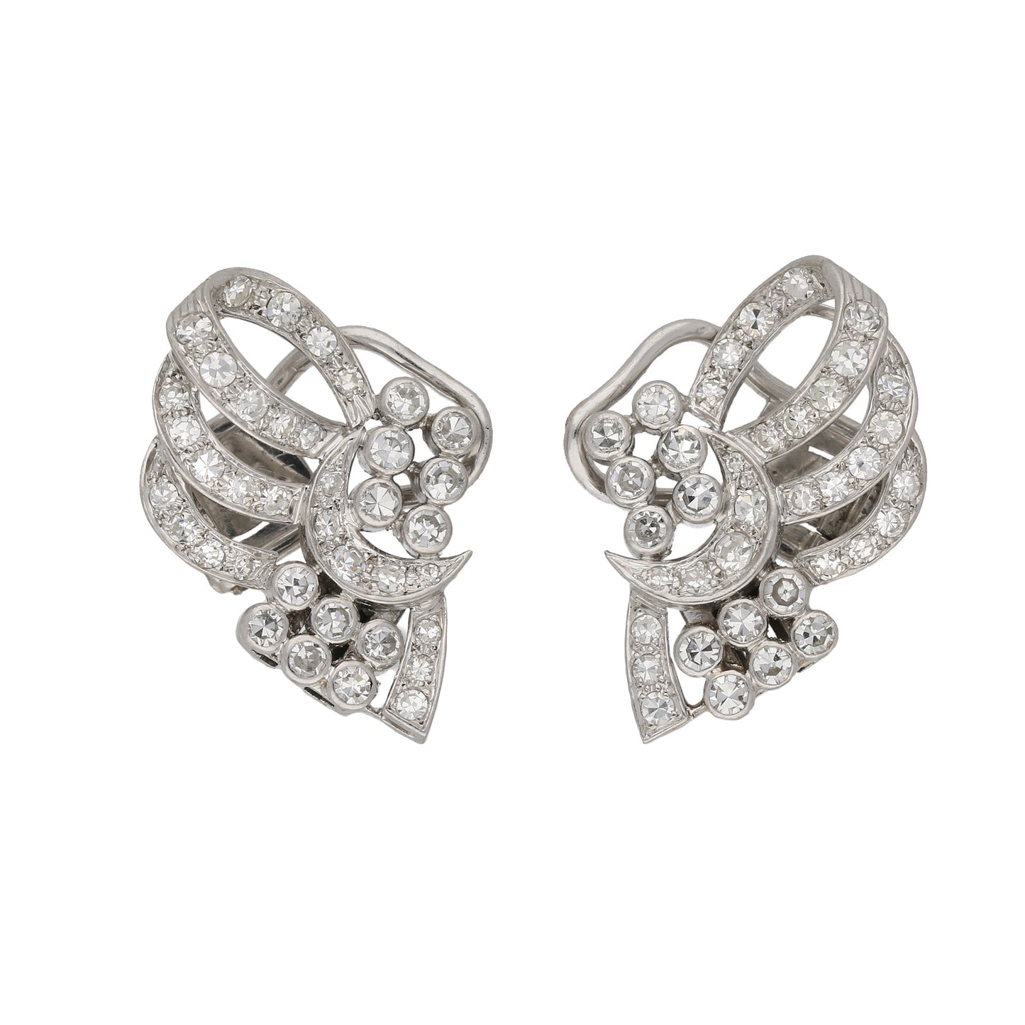 English 1950s Platinum Diamond Earrings front