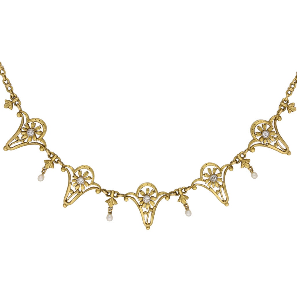 Art Nouveau Platinum & 18KT Yellow Gold Diamond & Natural Pearl Necklace front