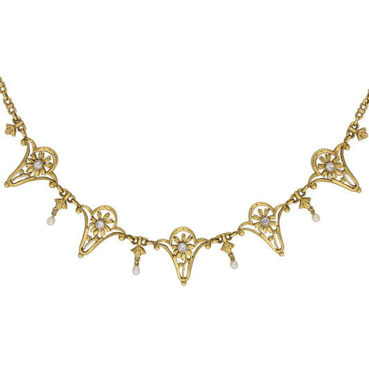 Art Nouveau Platinum & 18KT Yellow Gold Diamond & Natural Pearl Necklace front