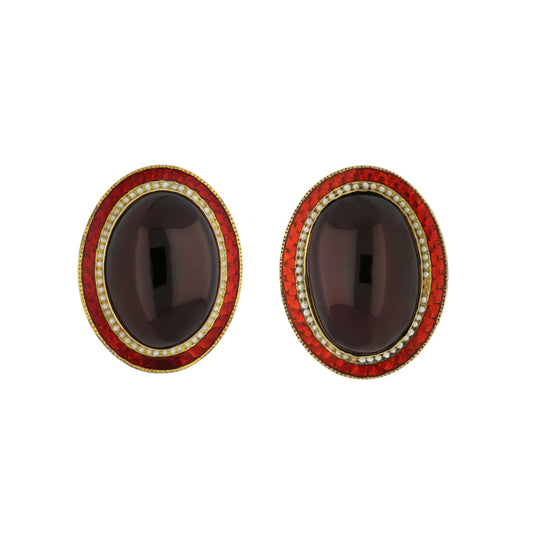 1950s 18KT Yellow Gold Garnet & Enamel Earrings front