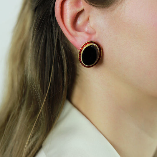 1950s 18KT Yellow Gold Garnet & Enamel Earrings on ear
