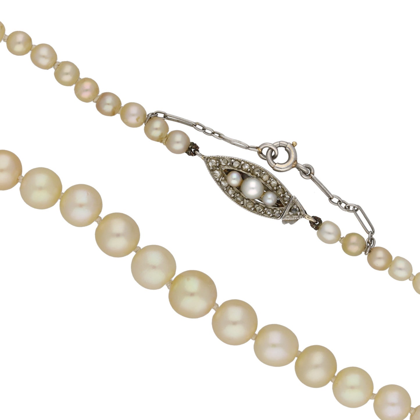 Edwardian Platinum Natural Pearl & Diamond Necklace clasp
