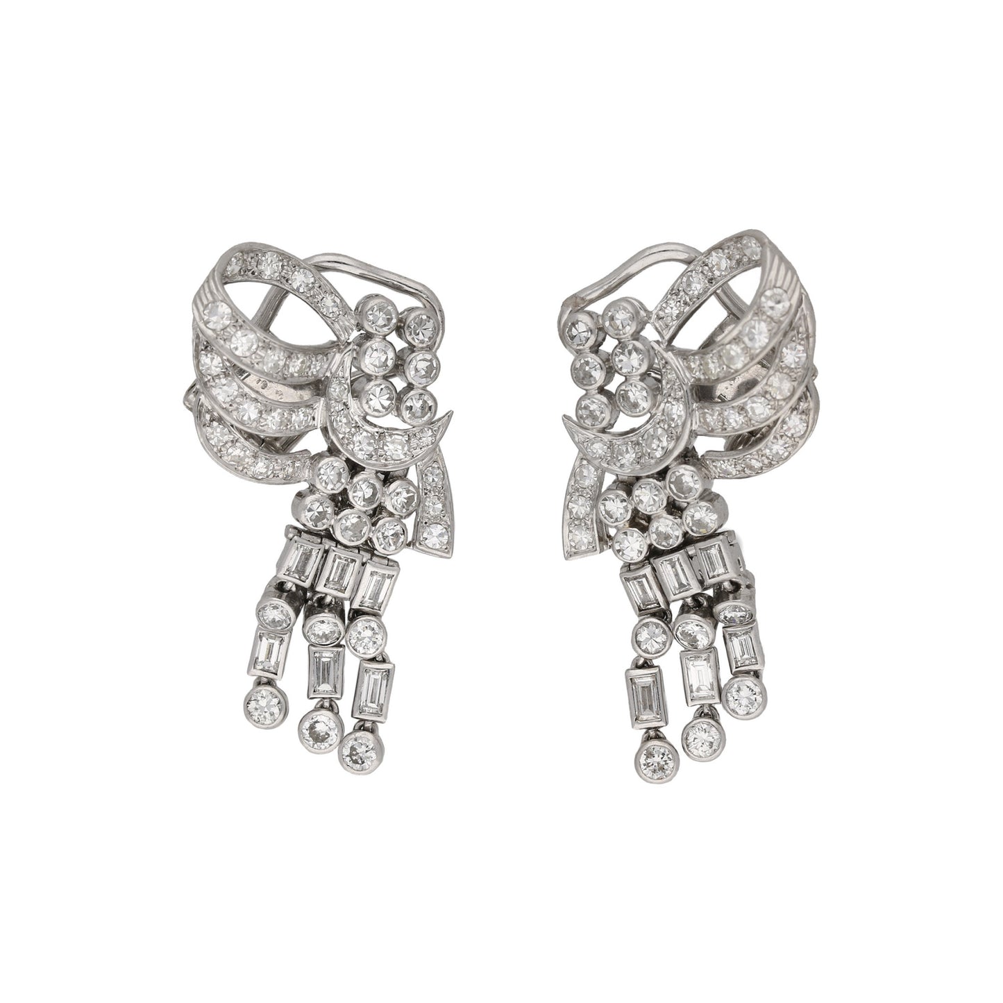 English 1950s Platinum Diamond Earrings front