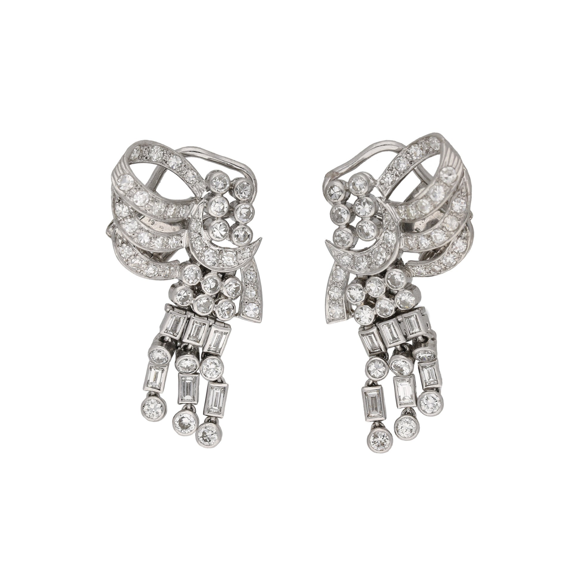 English 1950s Platinum Diamond Earrings front