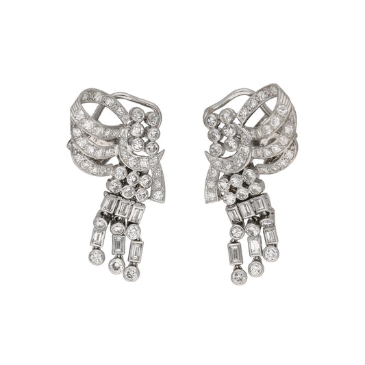 English 1950s Platinum Diamond Earrings front