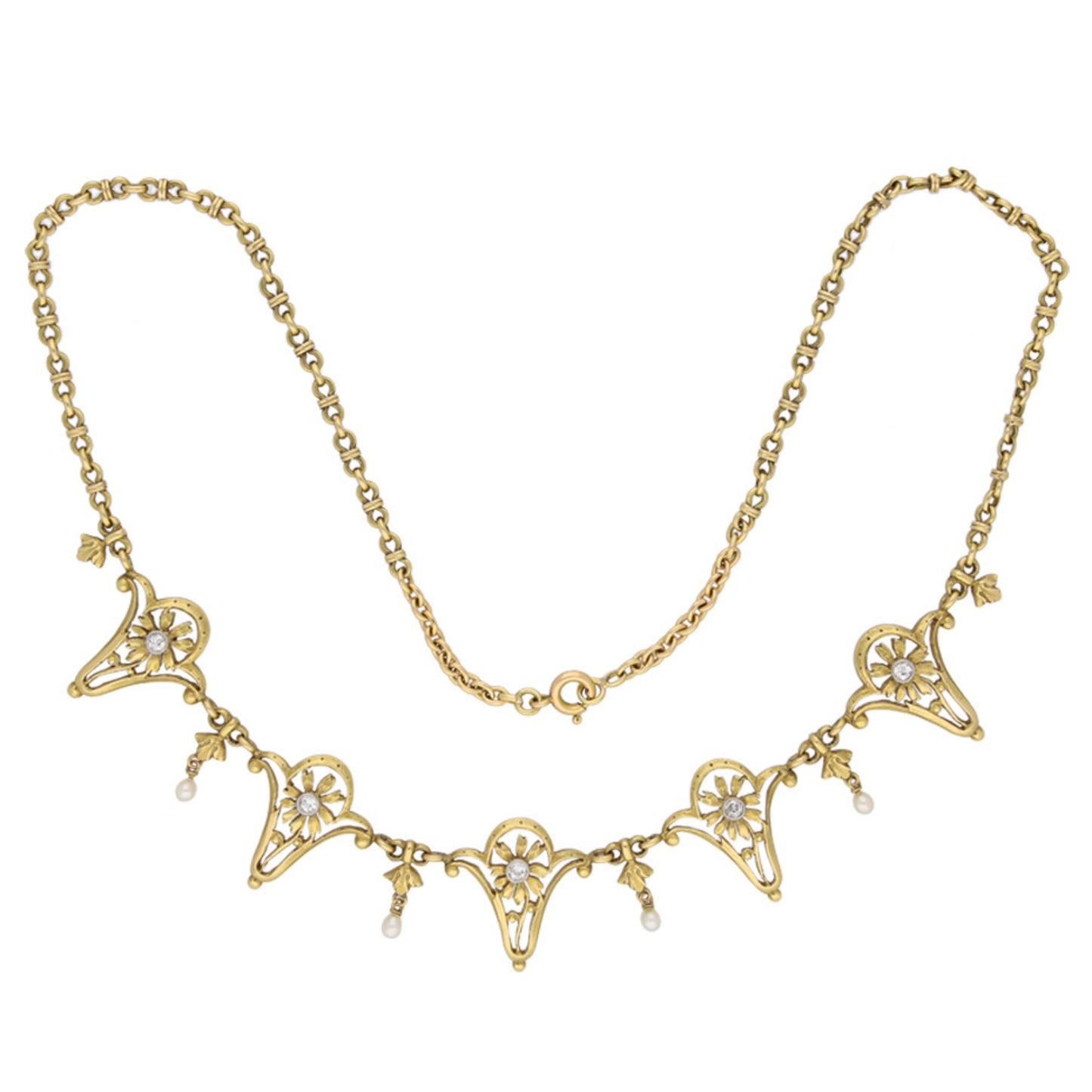 Art Nouveau Platinum & 18KT Yellow Gold Diamond & Natural Pearl Necklace front