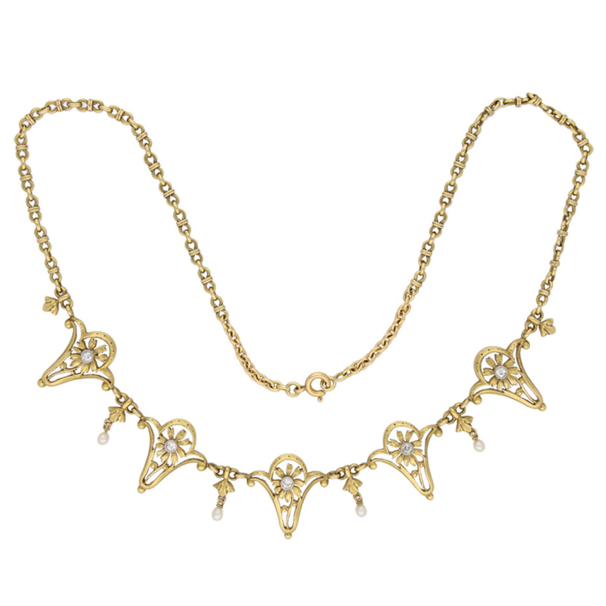 Art Nouveau Platinum & 18KT Yellow Gold Diamond & Natural Pearl Necklace front