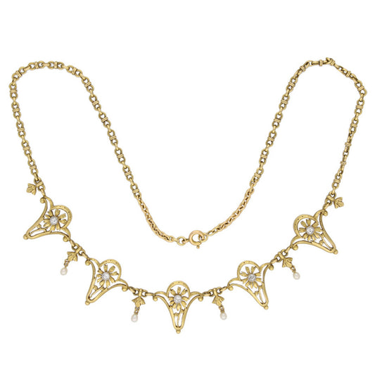 Art Nouveau Platinum & 18KT Yellow Gold Diamond & Natural Pearl Necklace front