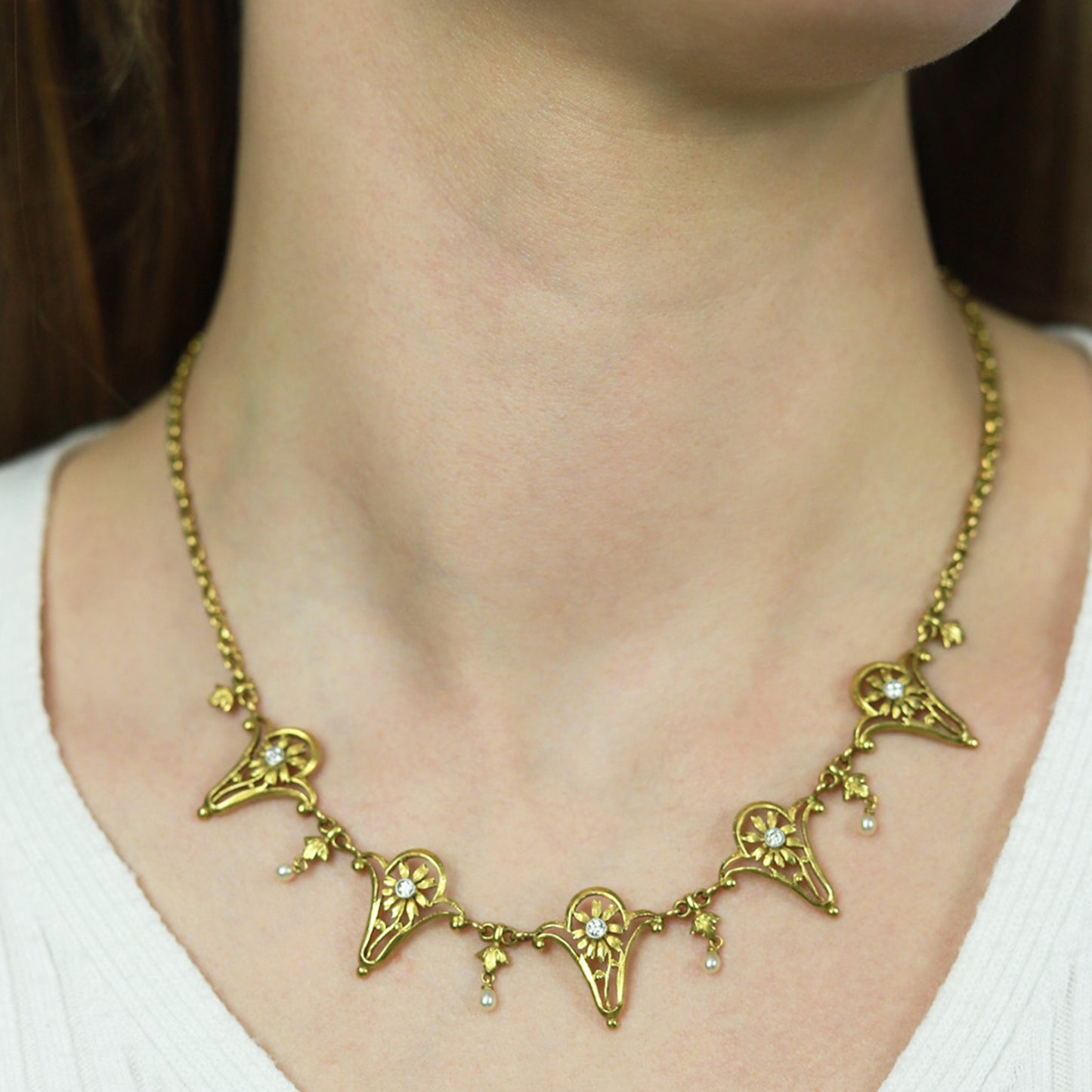 Art Nouveau Platinum & 18KT Yellow Gold Diamond & Natural Pearl Necklace on neck