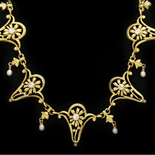 Art Nouveau Platinum & 18KT Yellow Gold Diamond & Natural Pearl Necklace front