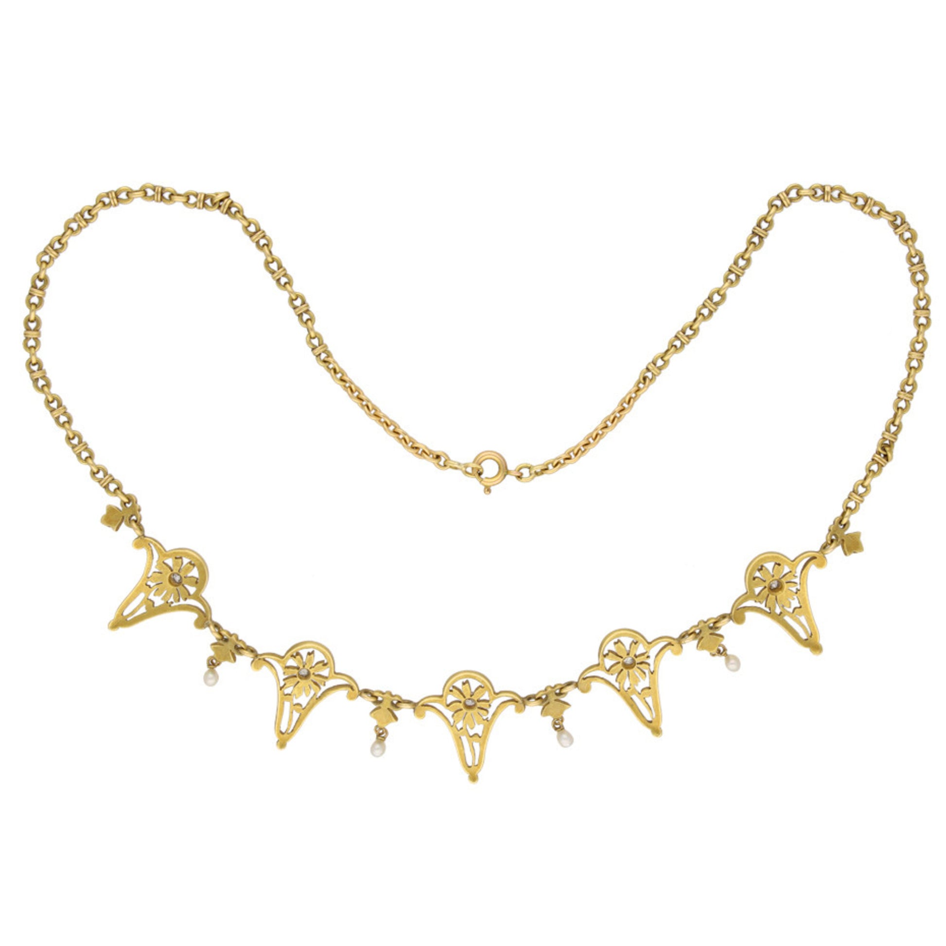 Art Nouveau Platinum & 18KT Yellow Gold Diamond & Natural Pearl Necklace back