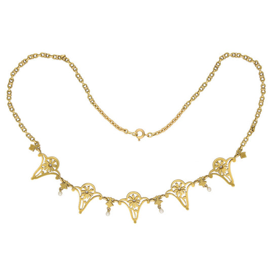 Art Nouveau Platinum & 18KT Yellow Gold Diamond & Natural Pearl Necklace back