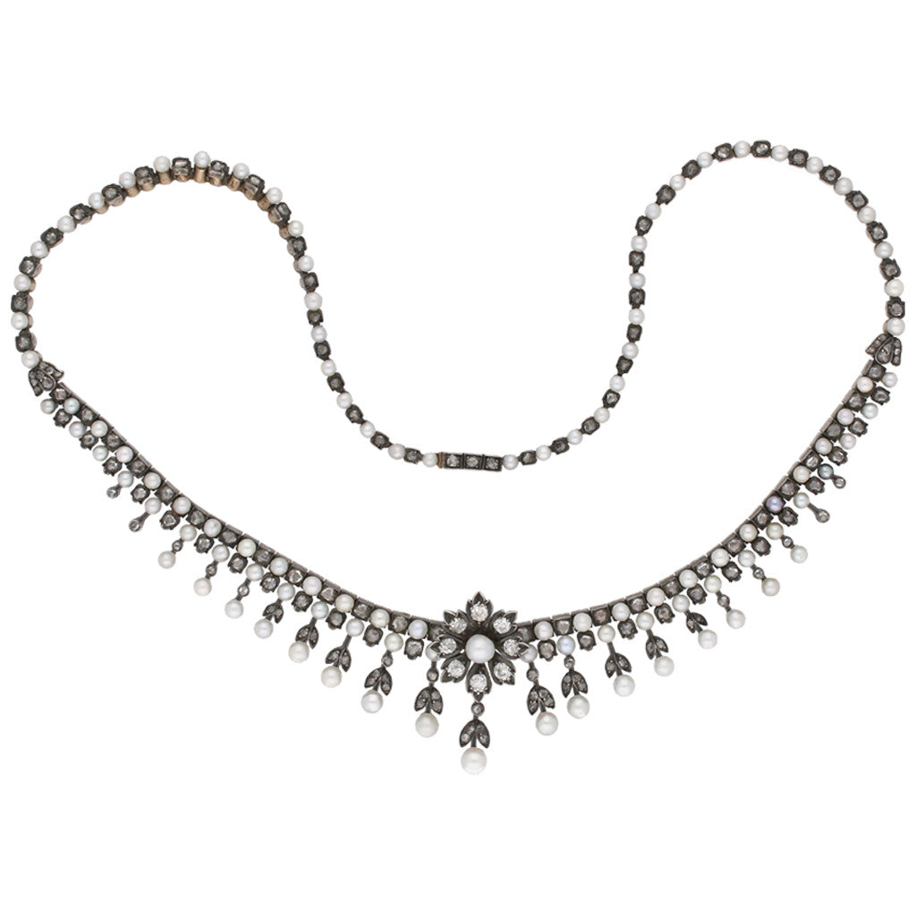 Victorian Silver & 18KT Yellow Gold Natural Pearl & Diamond Necklace front