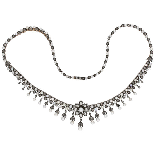 Victorian Silver & 18KT Yellow Gold Natural Pearl & Diamond Necklace front