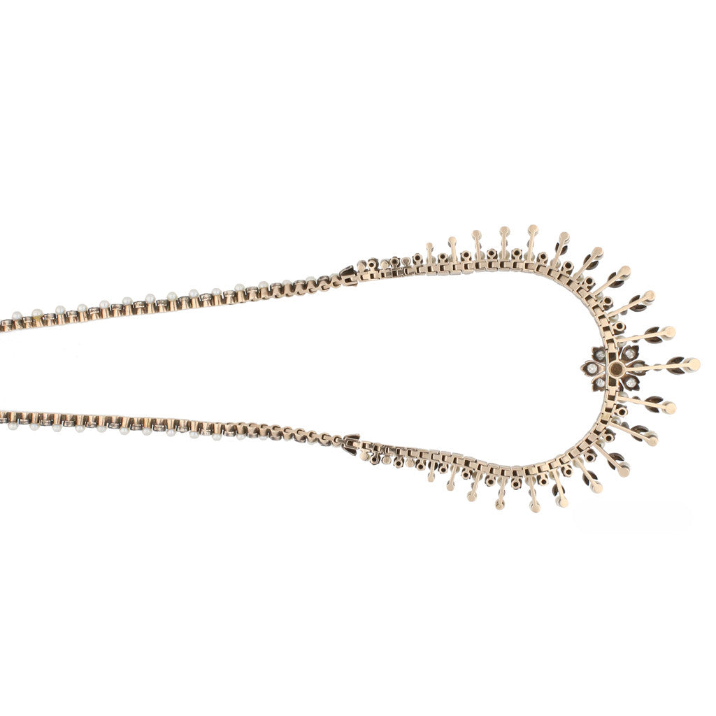 Victorian Silver & 18KT Yellow Gold Natural Pearl & Diamond Necklace back