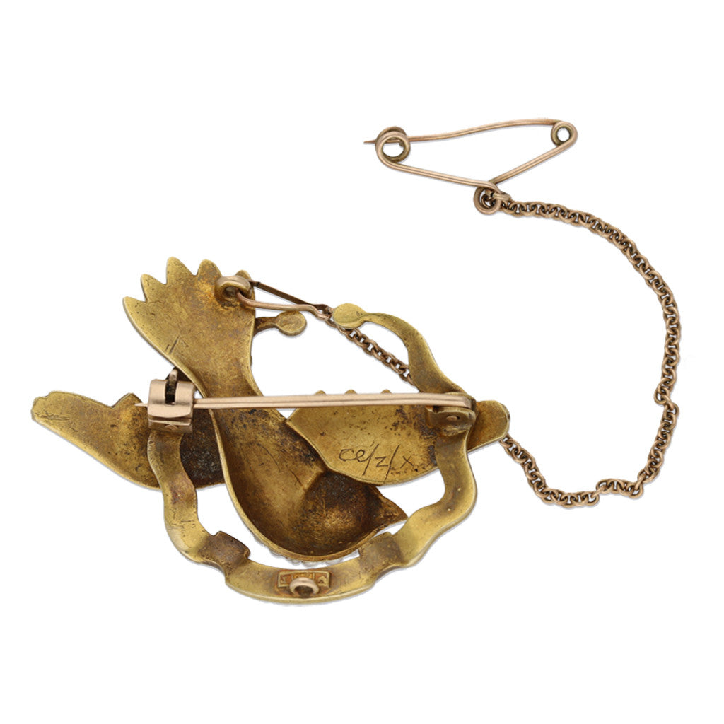 English Victorian 15KT Yellow Gold Natural Pearl Bird Brooch back
