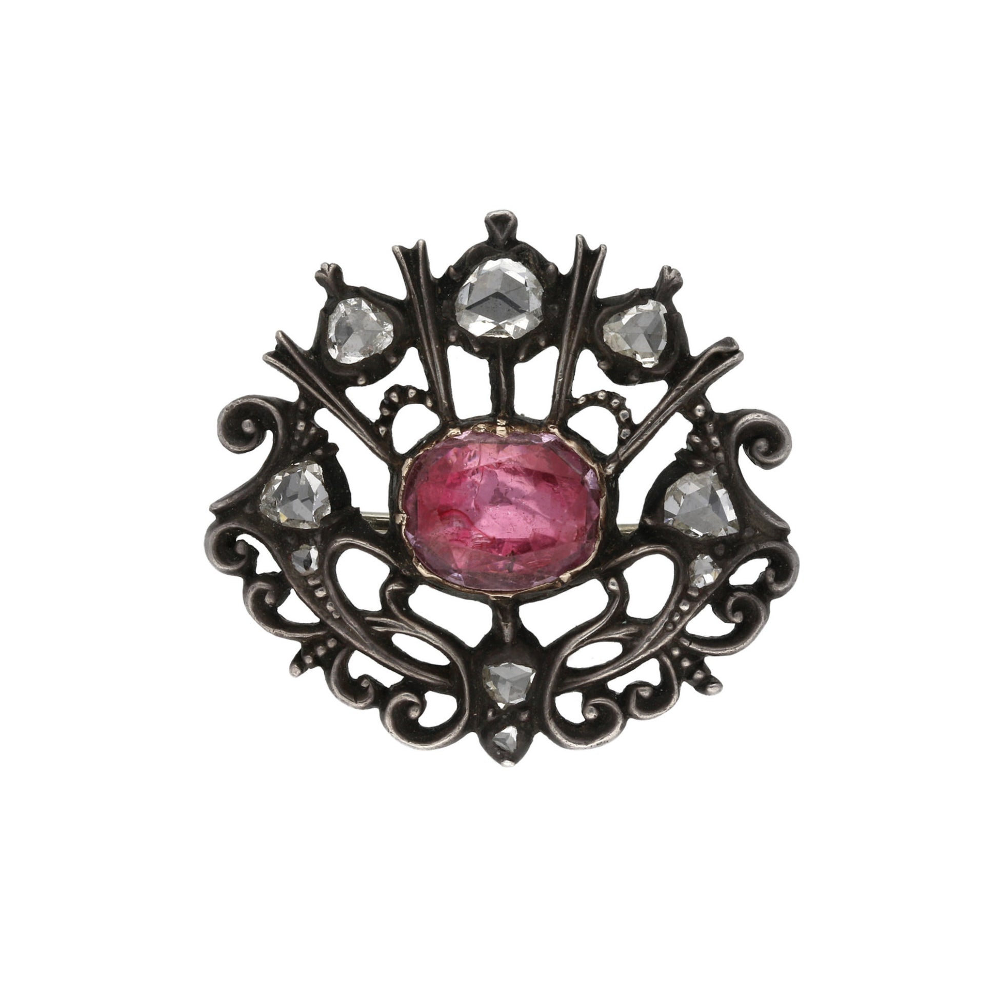 Antique Silver & 18KT Yellow Gold Topaz & Diamond Brooch fornt