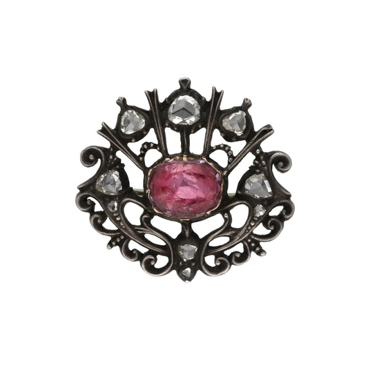 Antique Silver & 18KT Yellow Gold Topaz & Diamond Brooch fornt