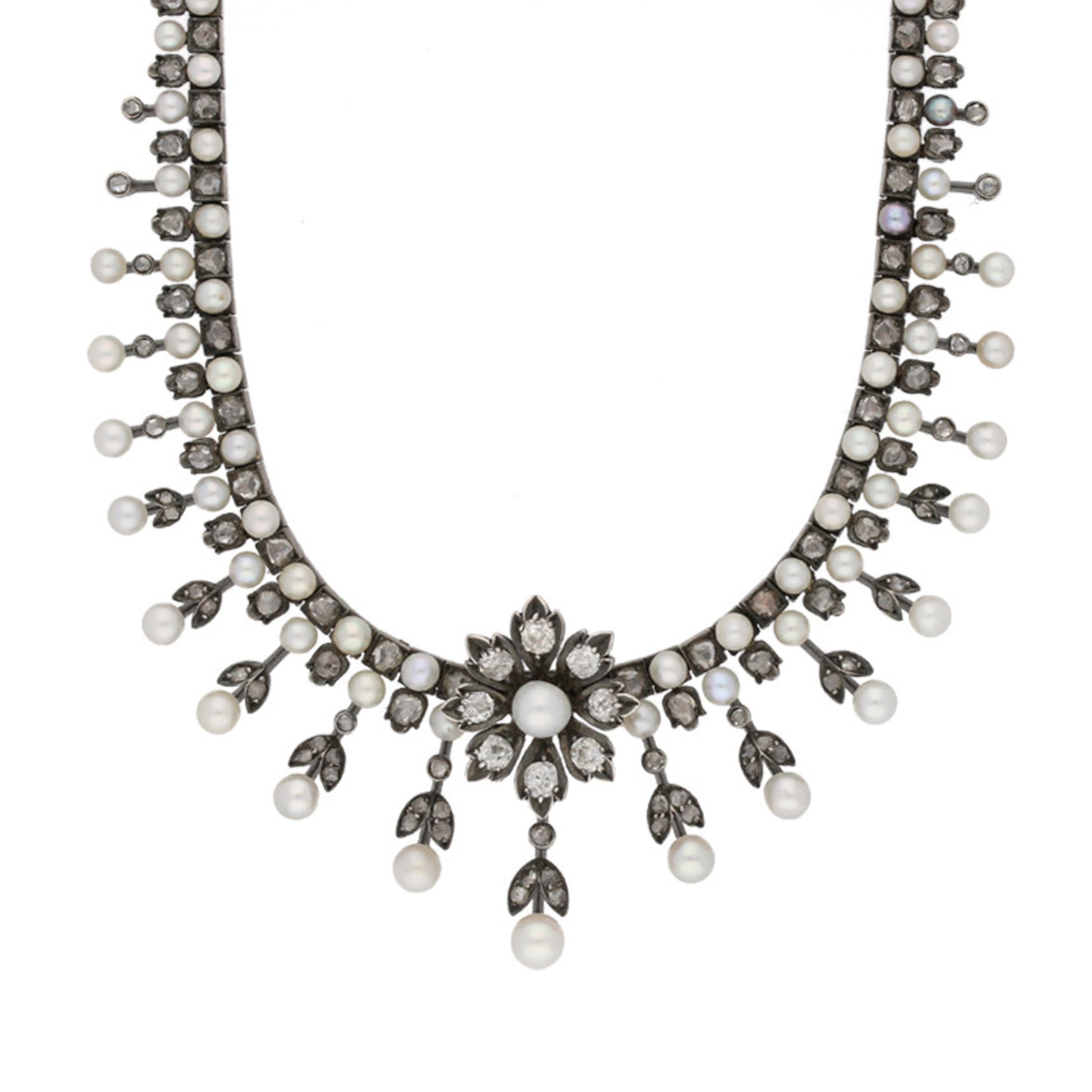 Victorian Silver & 18KT Yellow Gold Natural Pearl & Diamond Necklace front