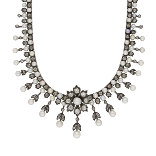 Victorian Silver & 18KT Yellow Gold Natural Pearl & Diamond Necklace front