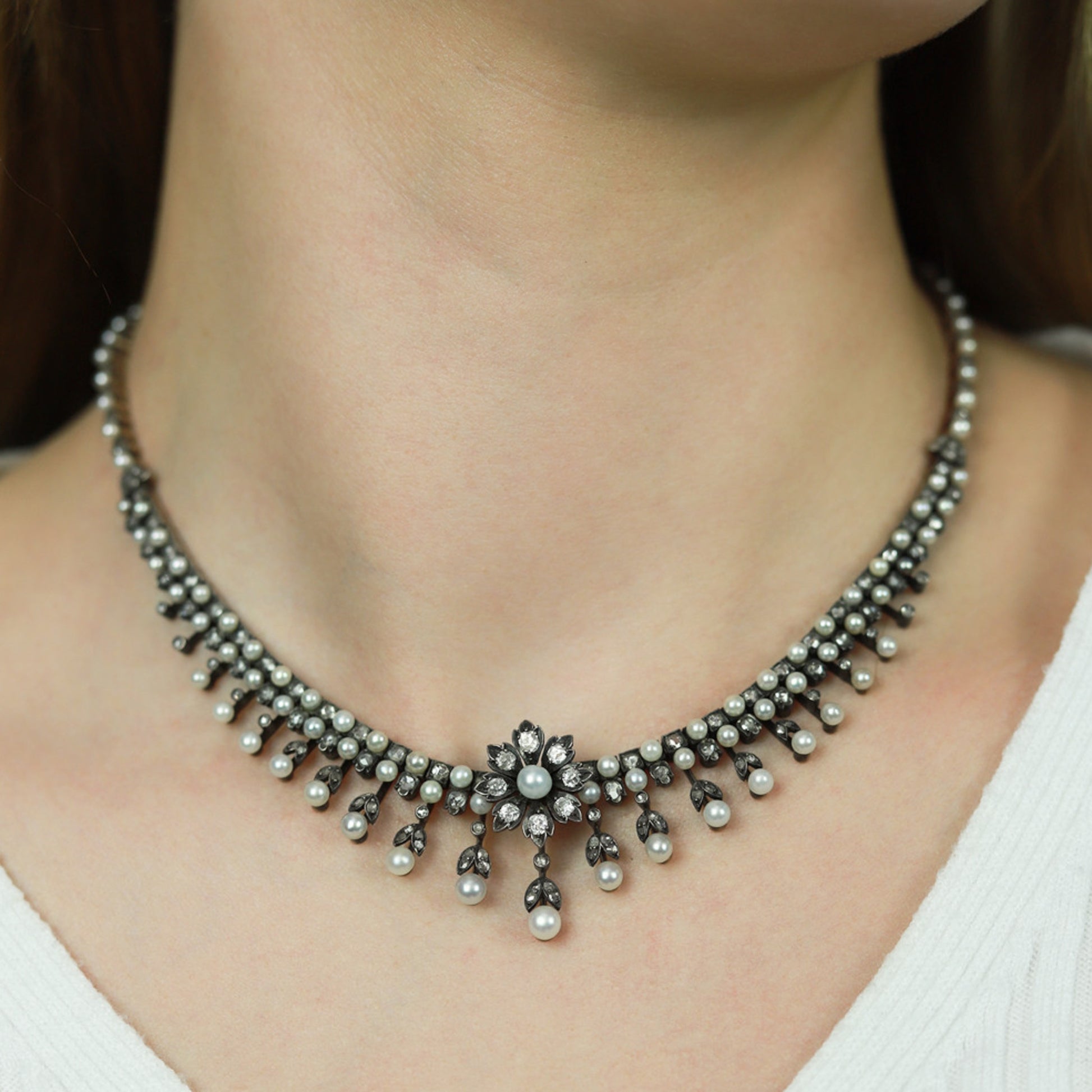 Victorian Silver & 18KT Yellow Gold Natural Pearl & Diamond Necklace on neck