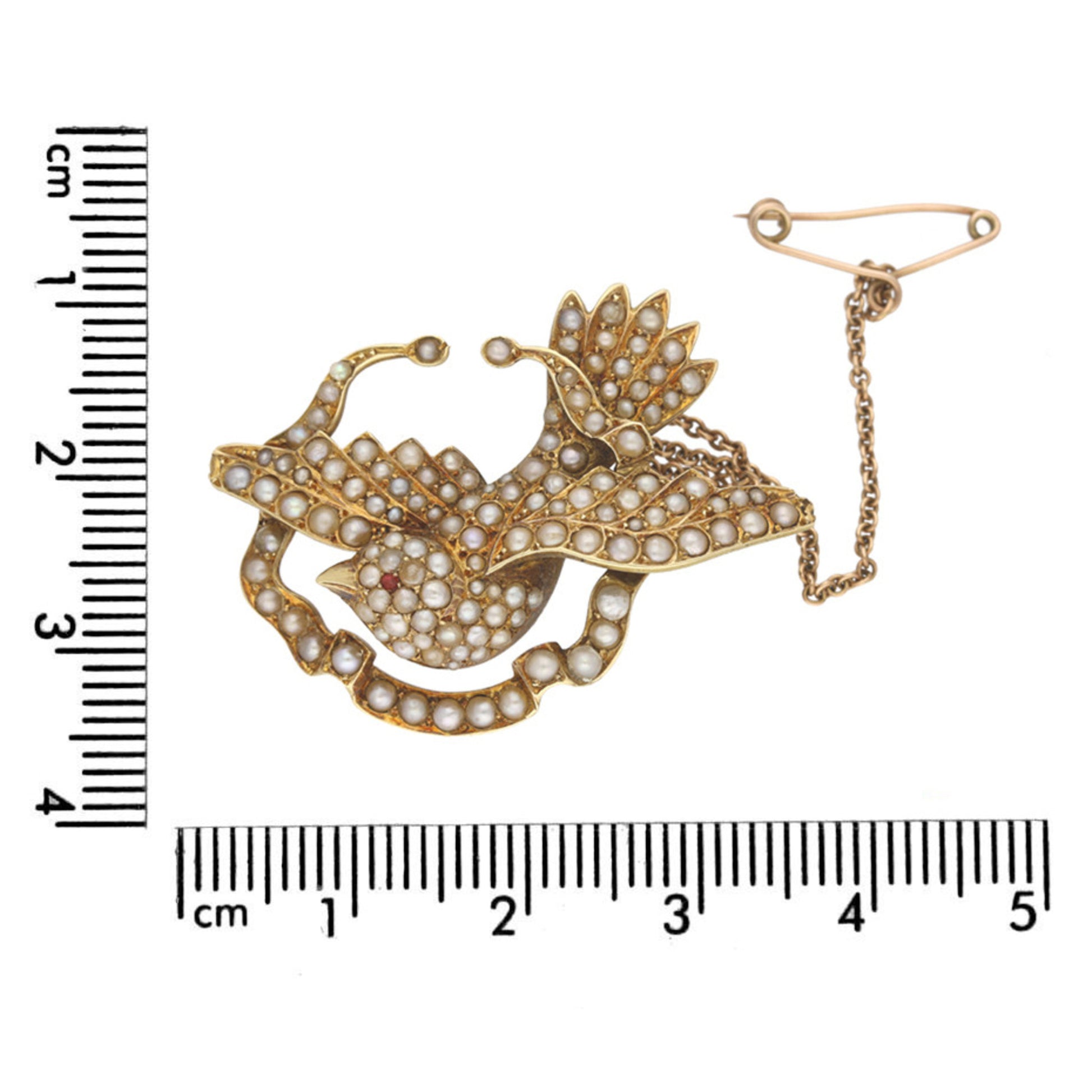 English Victorian 15KT Yellow Gold Natural Pearl Bird Brooch measurements
