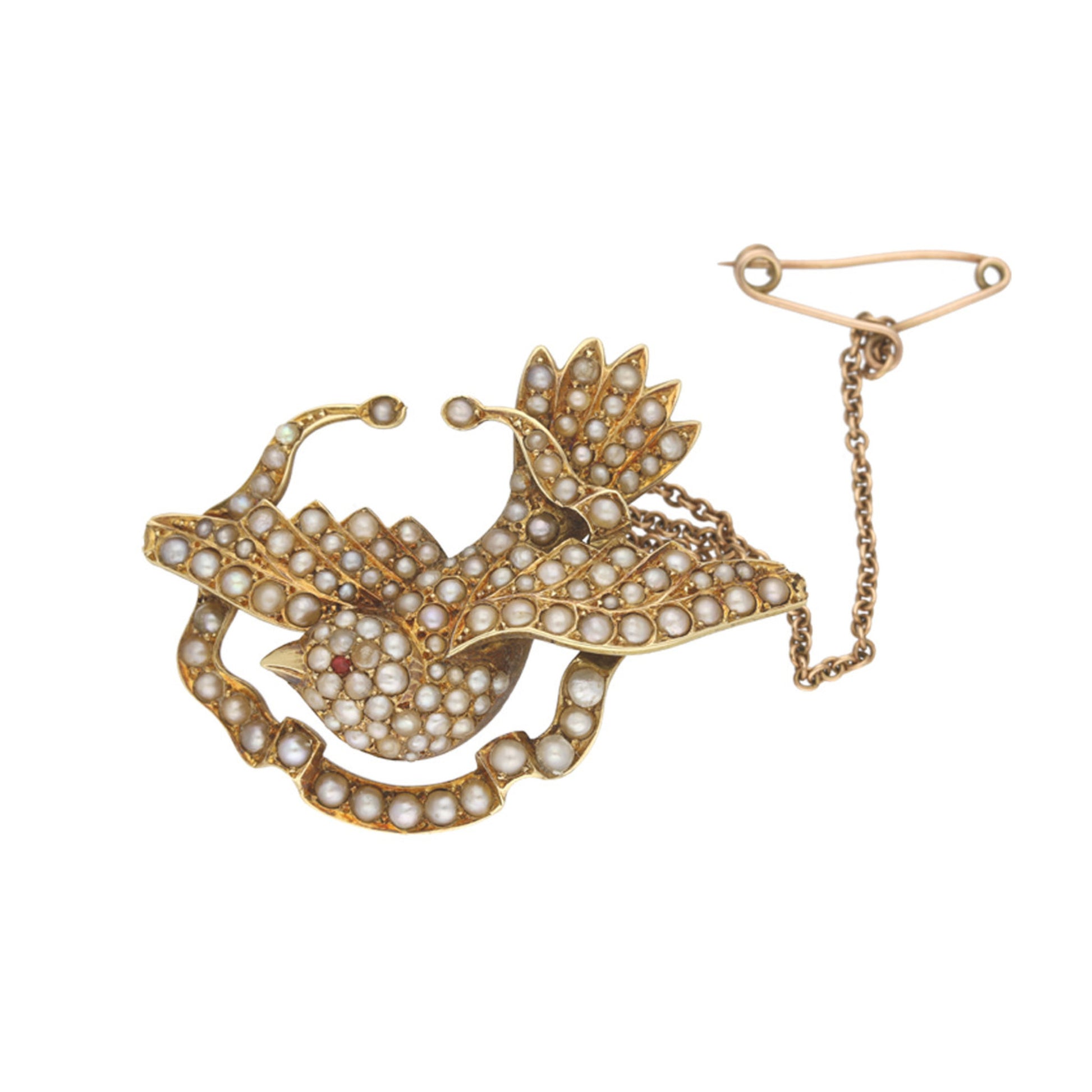 English Victorian 15KT Yellow Gold Natural Pearl Bird Brooch front
