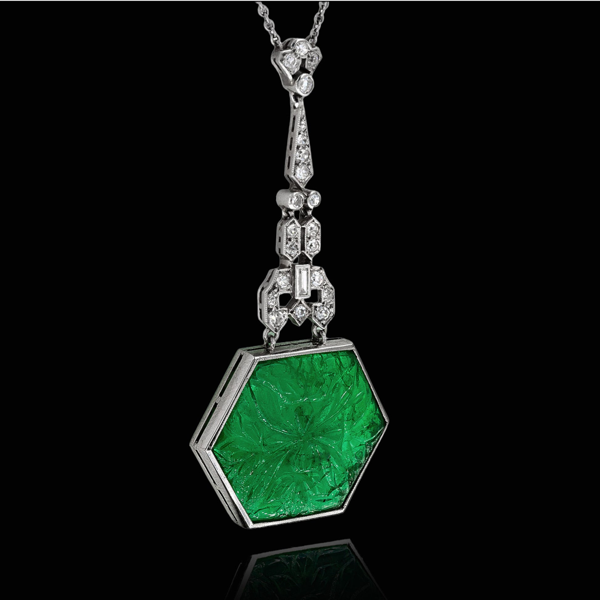 Art Deco Platinum Emerald & Diamond Necklace front